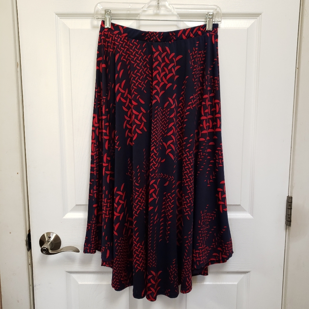 Bobeau Navy Blue Red Geometric Print Stretch Jersey Knit Midi Skirt